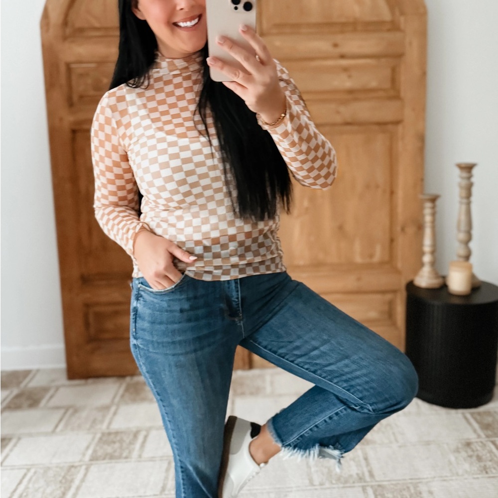 Checkered Mesh Long Sleeve Top